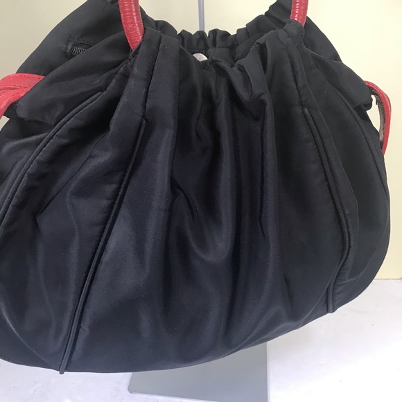 MOSCHINO Vintage 90s Nylon Leather Shoulder Bag Hobo Zipper Pocket Red Logo Tote - Picture 3 of 16